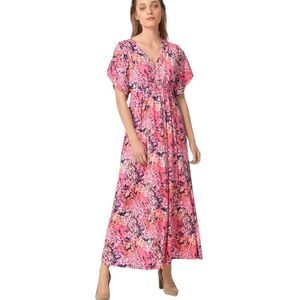 Ellos V-Neck Maxi Pink/Black Print Dress Size 1X